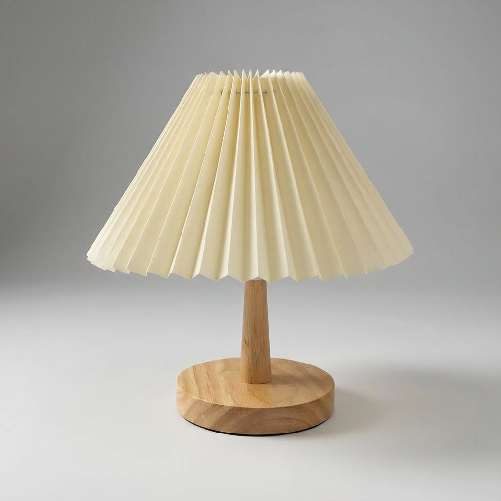 Lámpara de mesa escultural con pantalla plisada plegable, base de madera y batería recargable