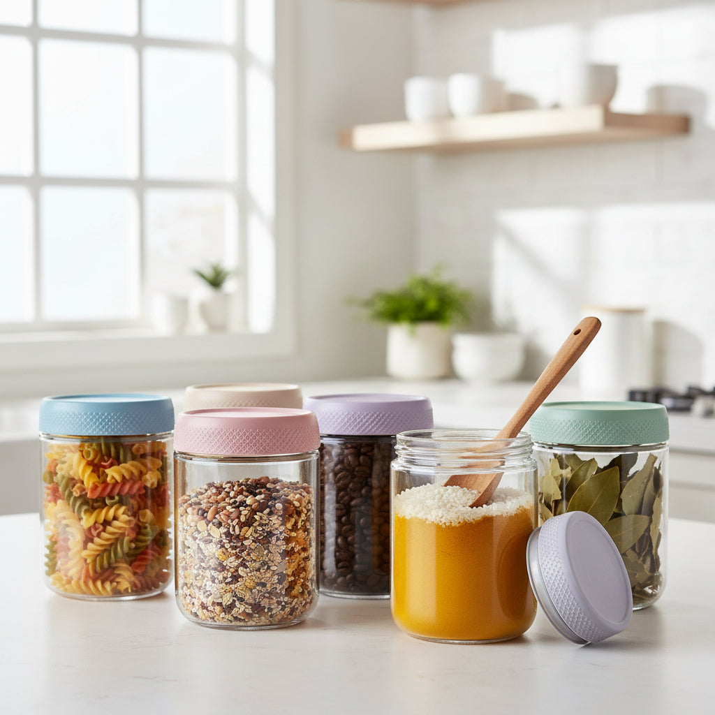 Juego de frascos de vidrio transparentes y apilables para almacenar alimentos, con boca ancha y cierre hermético