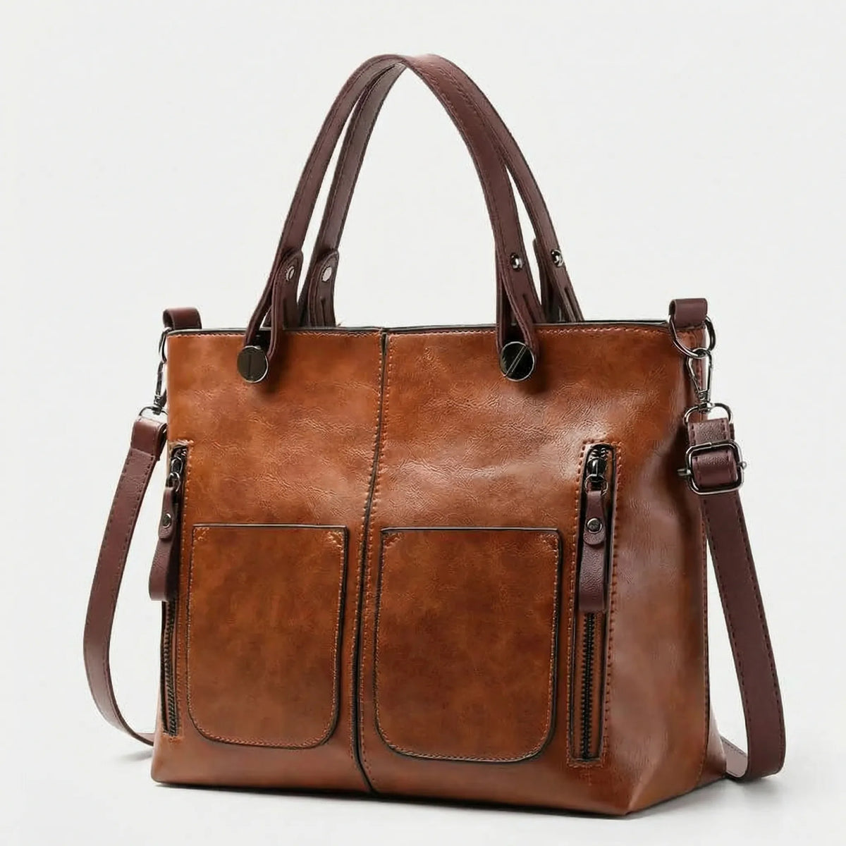 Bolso de hombro rectangular clásico con textura, múltiples bolsillos y asas