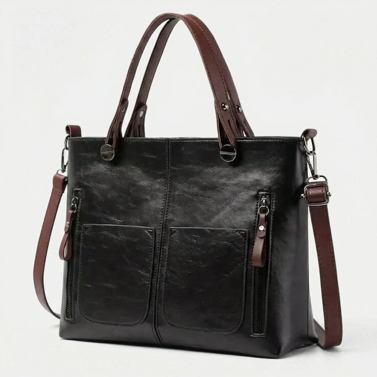 Bolso de hombro rectangular clásico con textura, múltiples bolsillos y asas