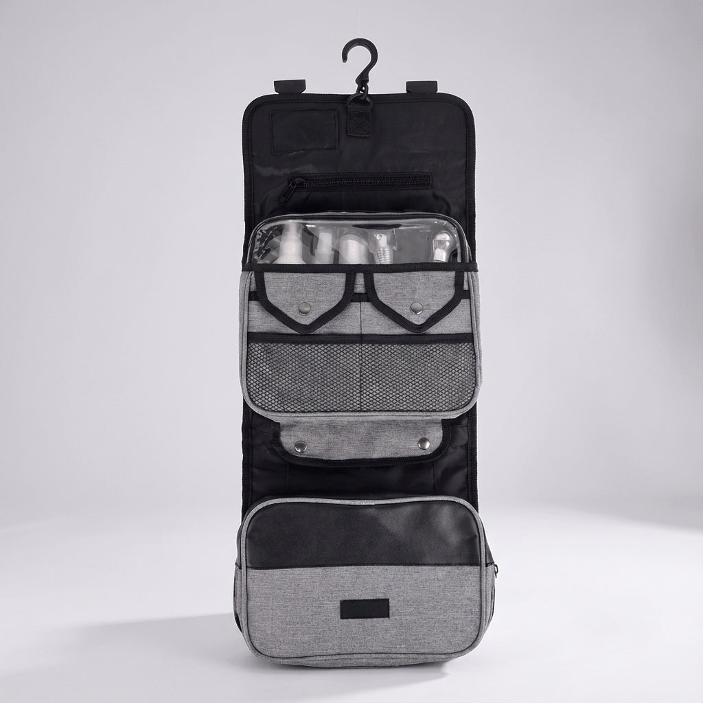 Organizador de viaje plegable repelente al agua, con compartimentos de malla y gancho para colgar