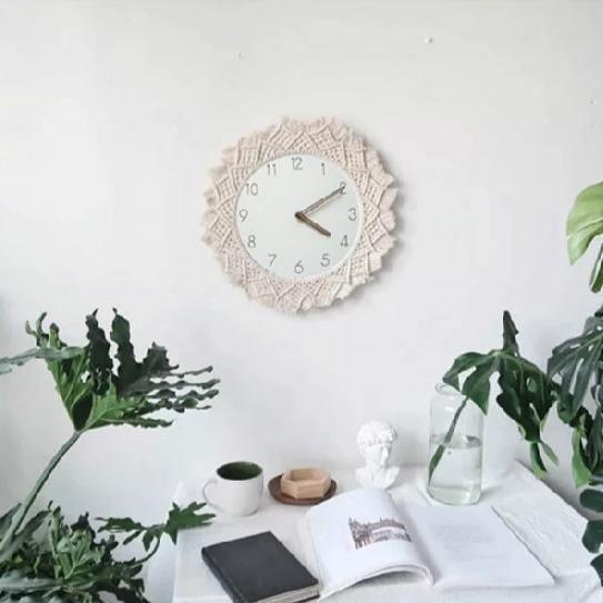 Reloj de pared analógico redondo bohemio, tejido a mano, con flecos anudados
