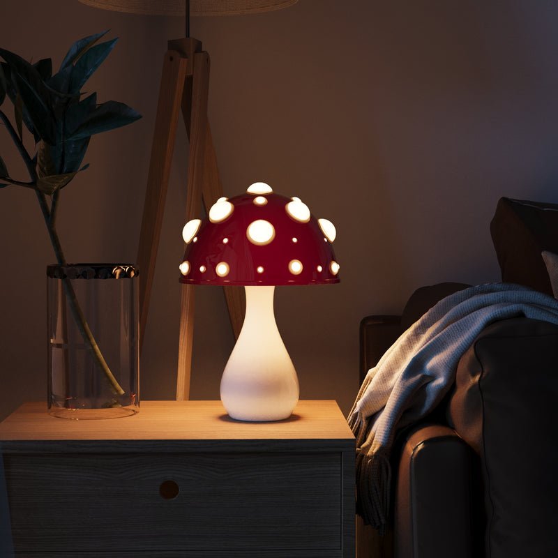 Lámpara de mesa escultórica con forma de cúpula de hongo amanita, recargable y regulable