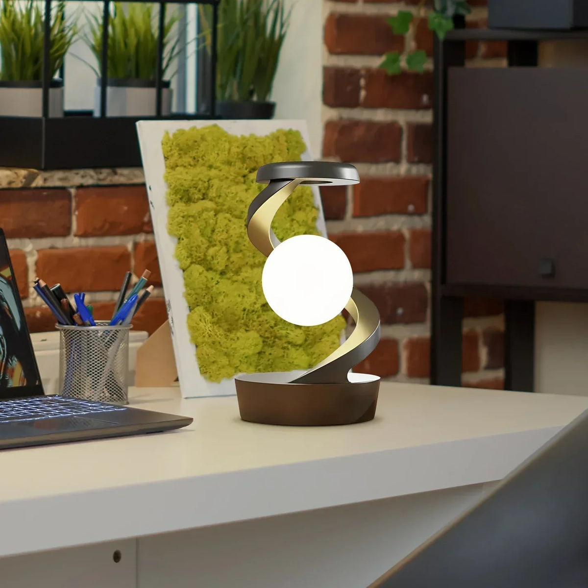 Lámpara de mesa esférica con brazo espiral, control por gestos y carga inalámbrica