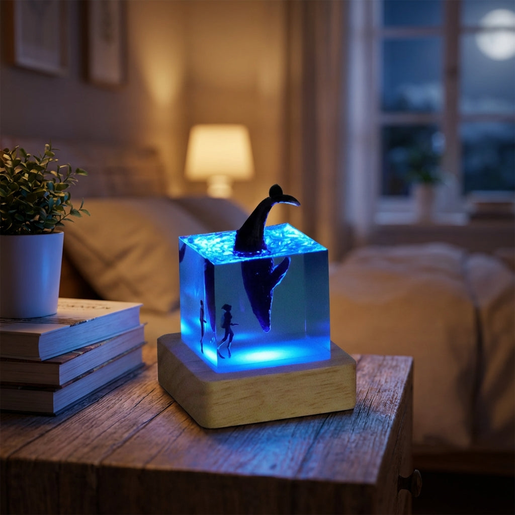 Lámpara de mesa con arte paisajístico de resina, cubo y base de madera