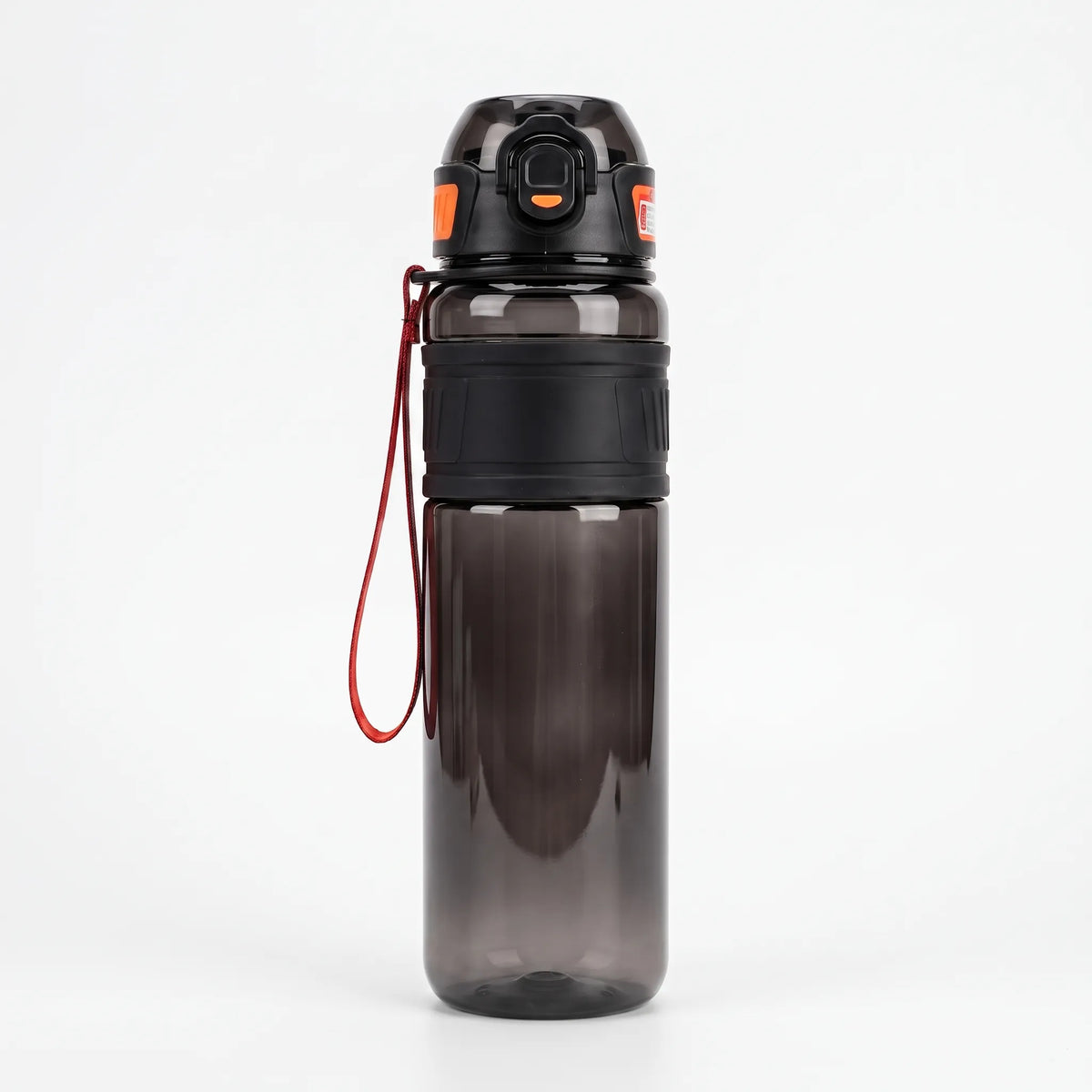 Botella deportiva de agua translúcida con tapa abatible, pajita y correa