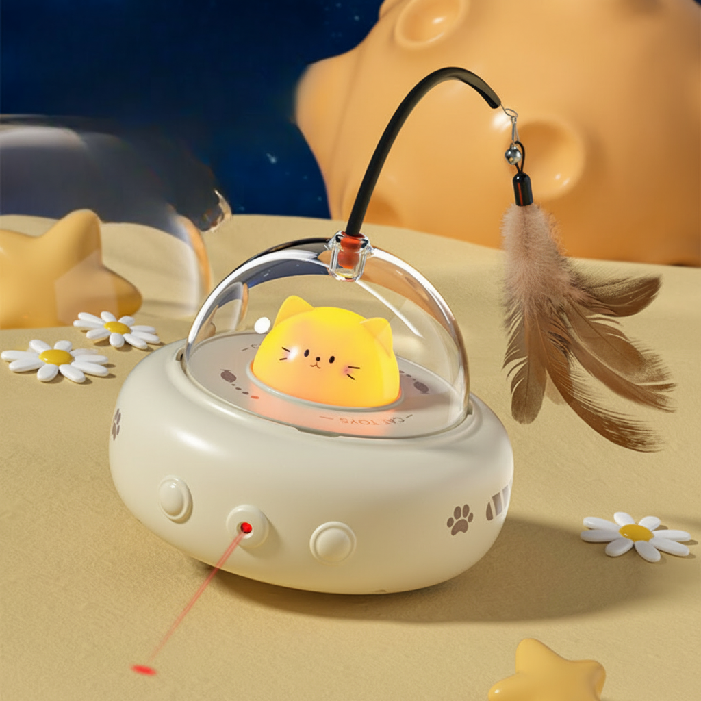 Juguete para gatos con forma de ovni, láser automático interactivo y pluma para perseguir