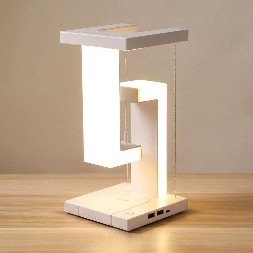 Lámpara de mesa futurista flotante con luz ambiental y carga inalámbrica