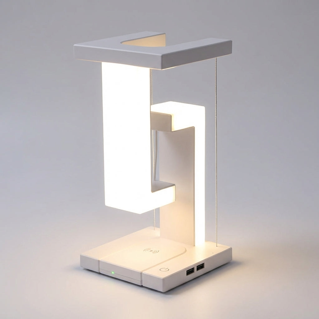 Lámpara de mesa futurista flotante con luz ambiental y carga inalámbrica