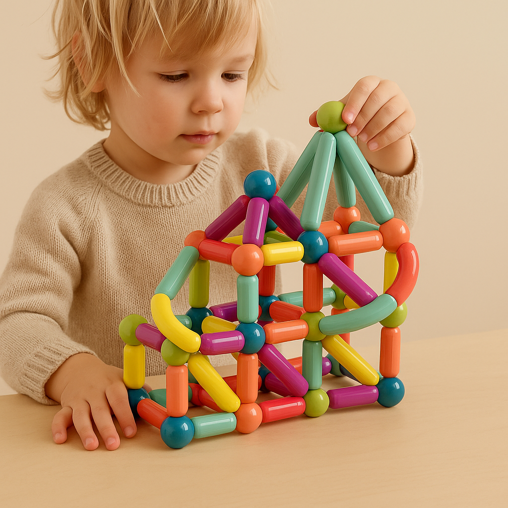 Juguete educativo de construcción STEM con bloques geométricos magnéticos que encajan entre sí