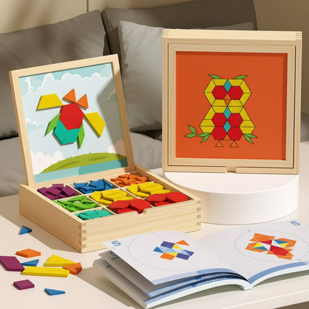 Set de juguete educativo STEM de rompecabezas con bloques de patrones de madera magnéticos