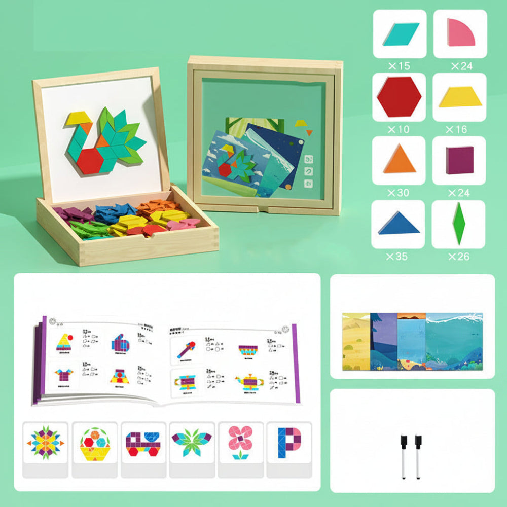 Set de juguete educativo STEM de rompecabezas con bloques de patrones de madera magnéticos