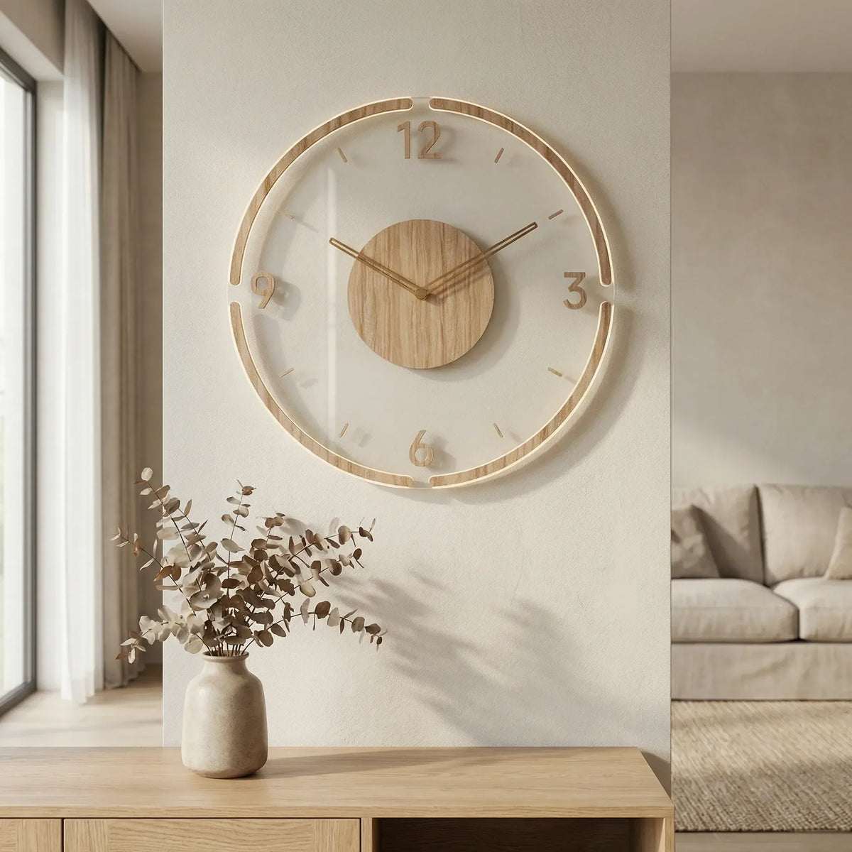 Reloj de pared redondo minimalista escandinavo con aro abierto y silencioso