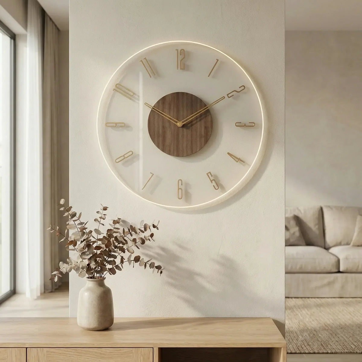 Reloj de pared redondo minimalista escandinavo con aro abierto y silencioso