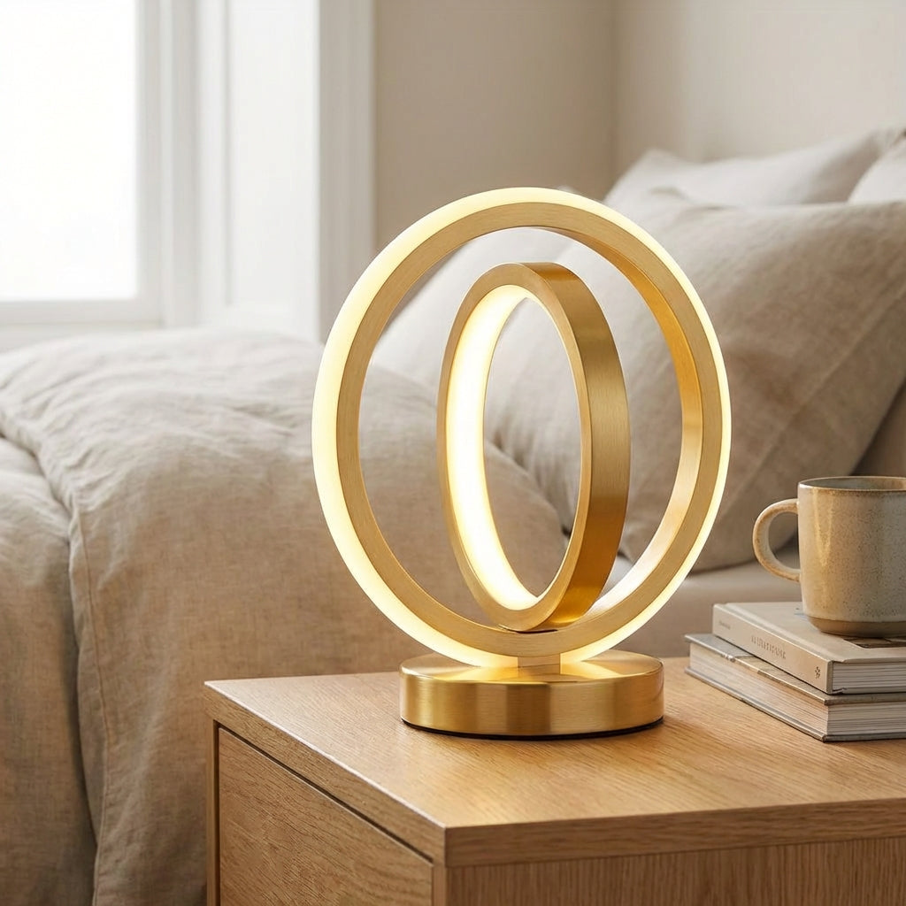 Lámpara de mesa USB compacta con base regulable y silueta de aro circular