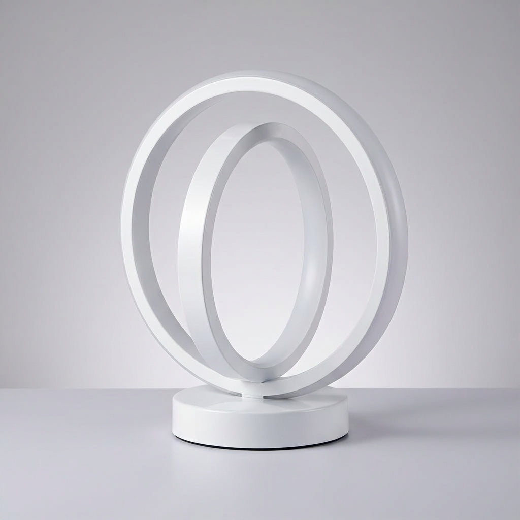 Lámpara de mesa USB compacta con base regulable y silueta de aro circular