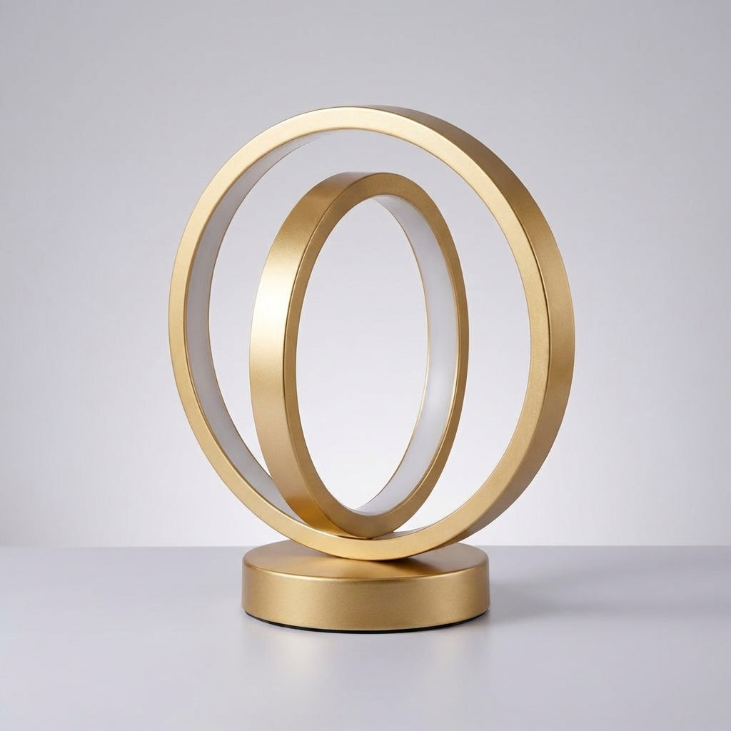 Lámpara de mesa USB compacta con base regulable y silueta de aro circular