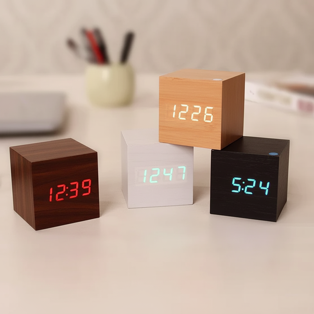 Reloj despertador digital de escritorio minimalista con acabado de madera