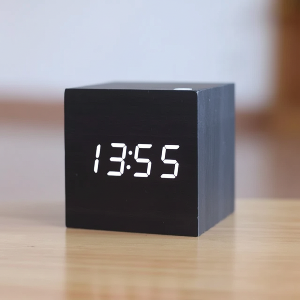 Reloj despertador digital de escritorio minimalista con acabado de madera