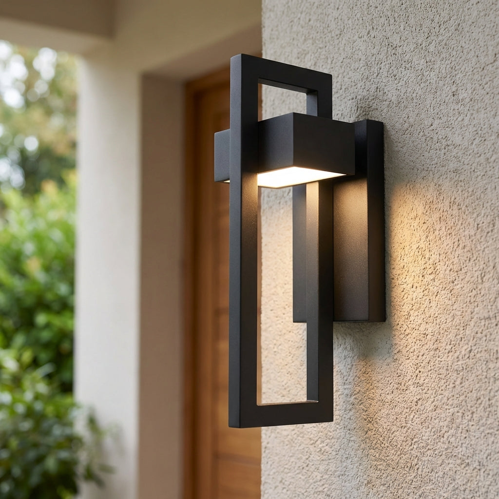 Lámpara de pared exterior para entrada, de aluminio geométrico esculpido y resistente a la intemperie