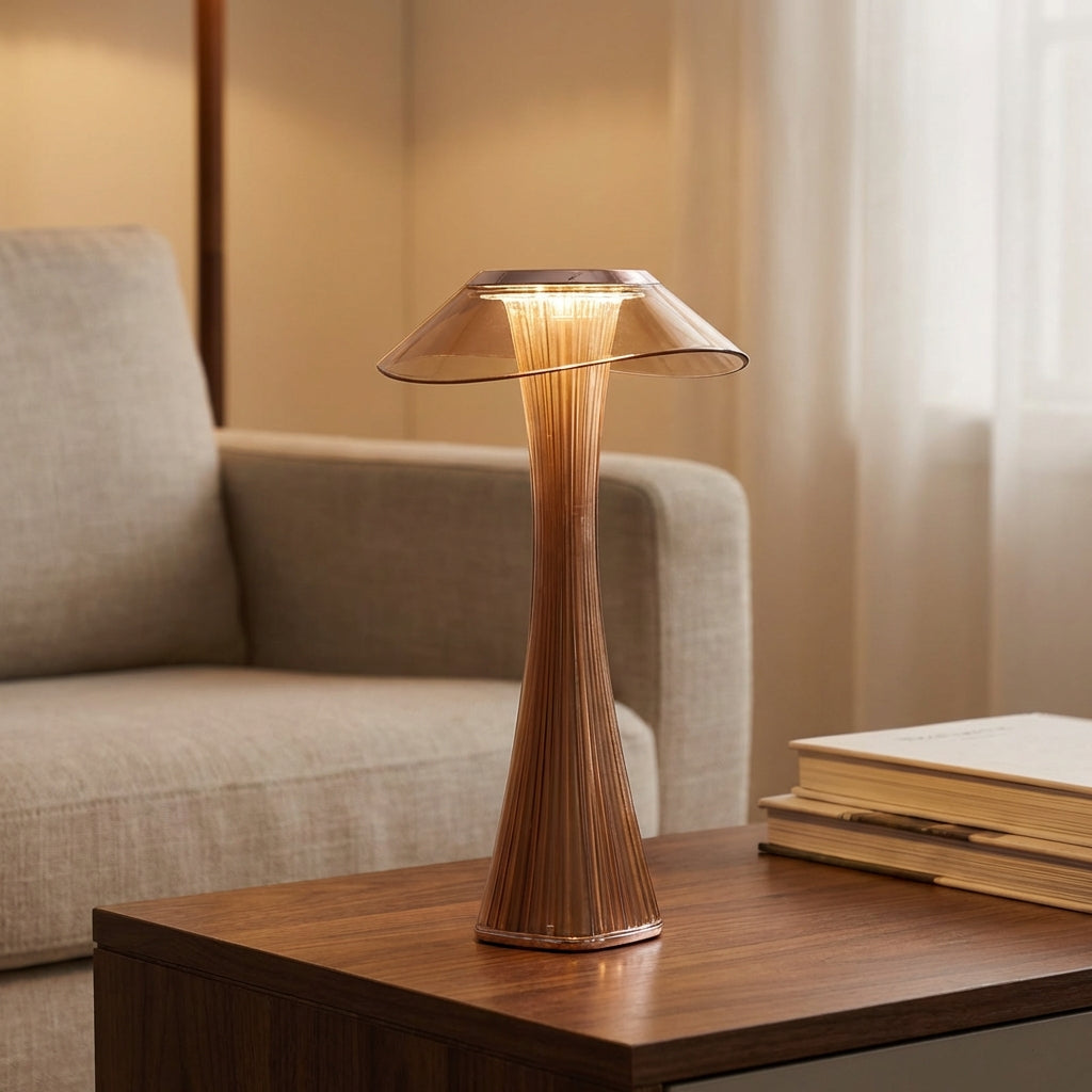 Lámpara de mesa ambiental recargable sin cables con silueta esculpida