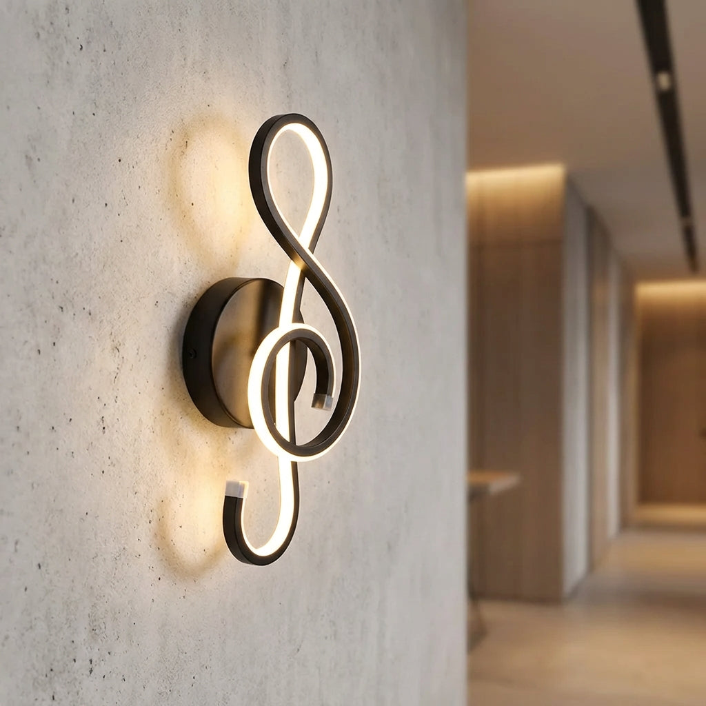Lámpara de pared escultórica de aluminio y acrílico con silueta de clave de sol y regulación de intensidad