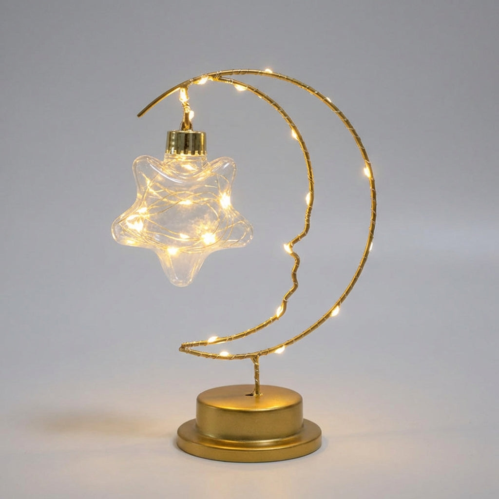 Lámpara de mesa regulable con silueta de luna curva y estrella de vidrio colgante