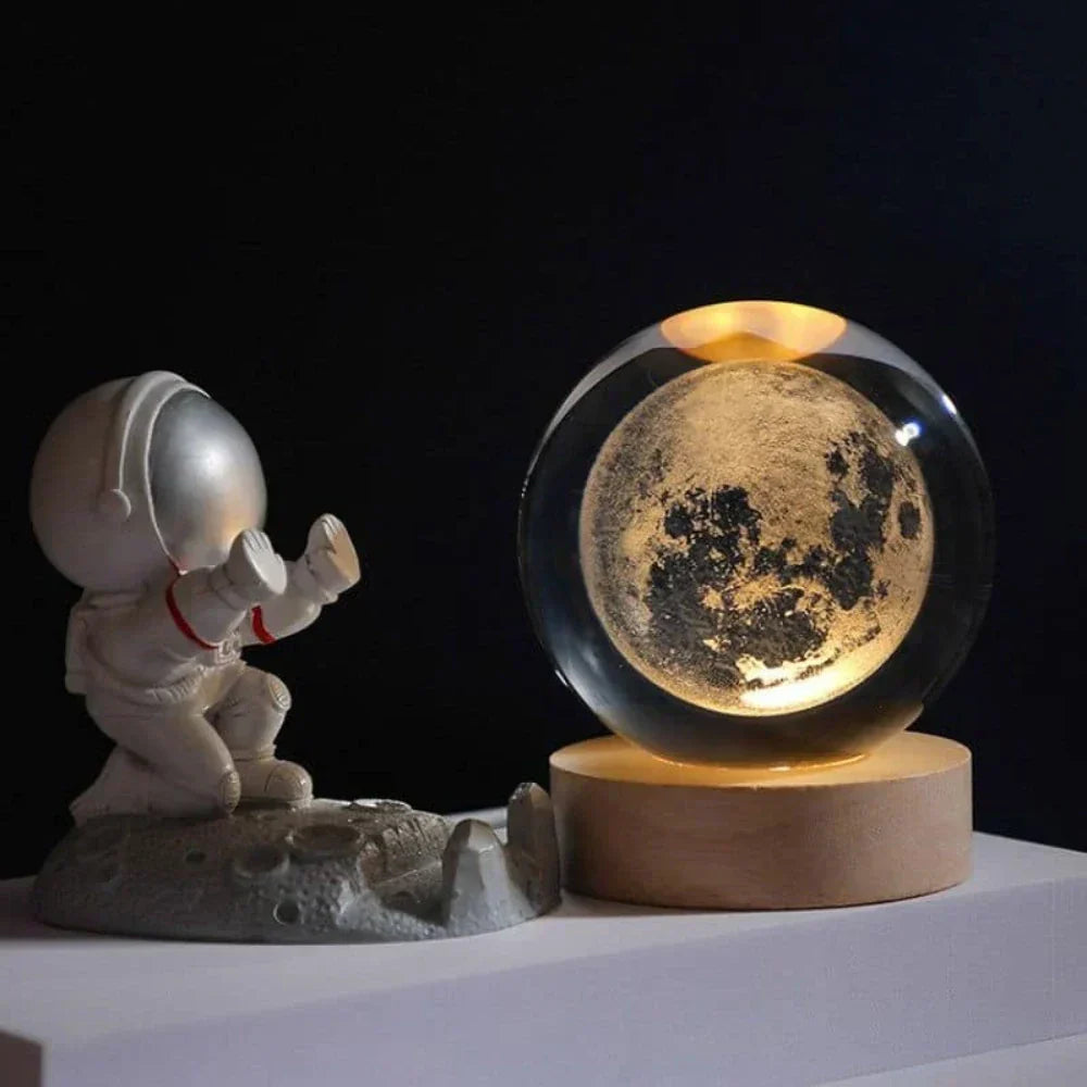 Lámpara de mesa y luz nocturna con esfera planetaria de cristal grabado