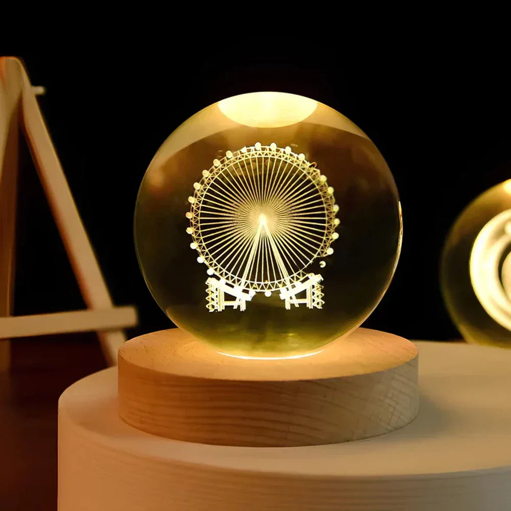 Lámpara de mesa y luz nocturna con esfera planetaria de cristal grabado
