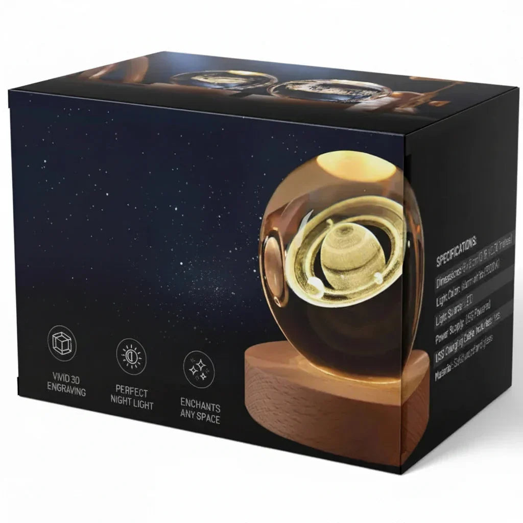 Lámpara de mesa y luz nocturna con esfera planetaria de cristal grabado