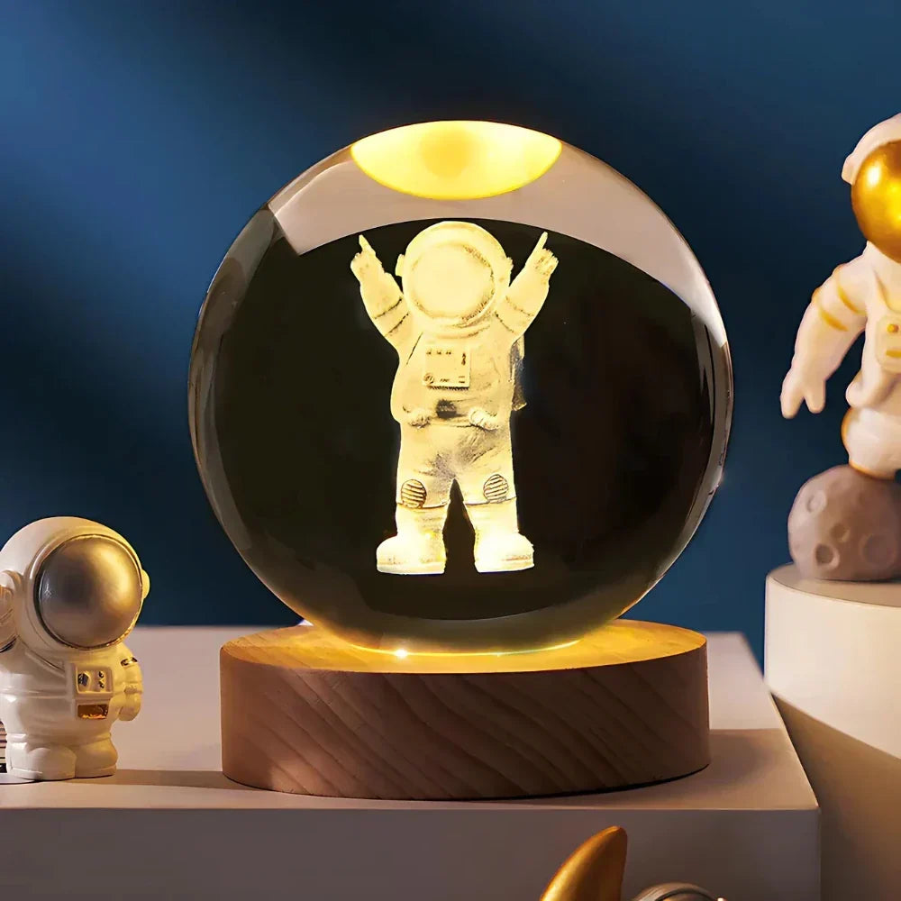 Lámpara de mesa y luz nocturna con esfera planetaria de cristal grabado