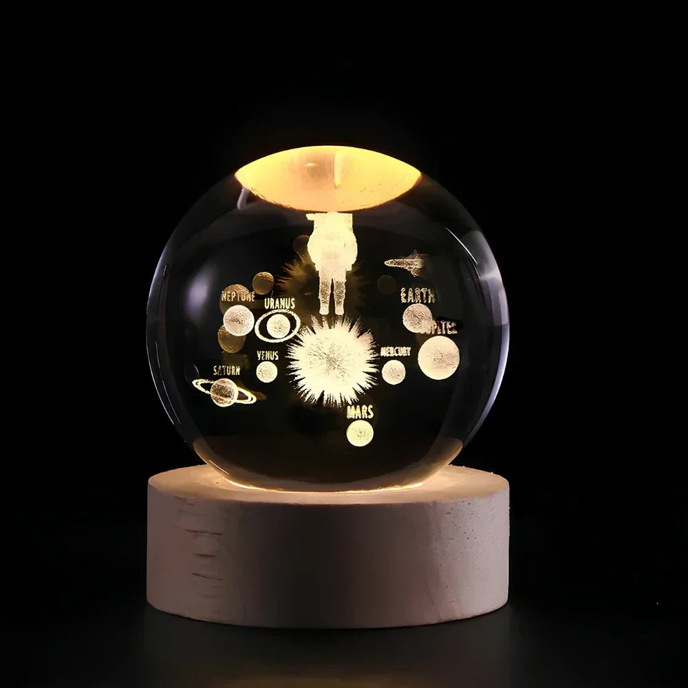 Lámpara de mesa y luz nocturna con esfera planetaria de cristal grabado