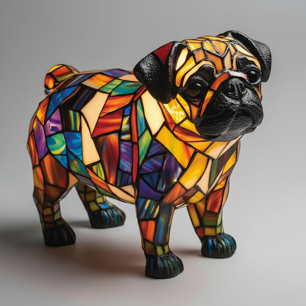 Lámpara de mesa y luz nocturna con figura de perro de resina y vidrio emplomado