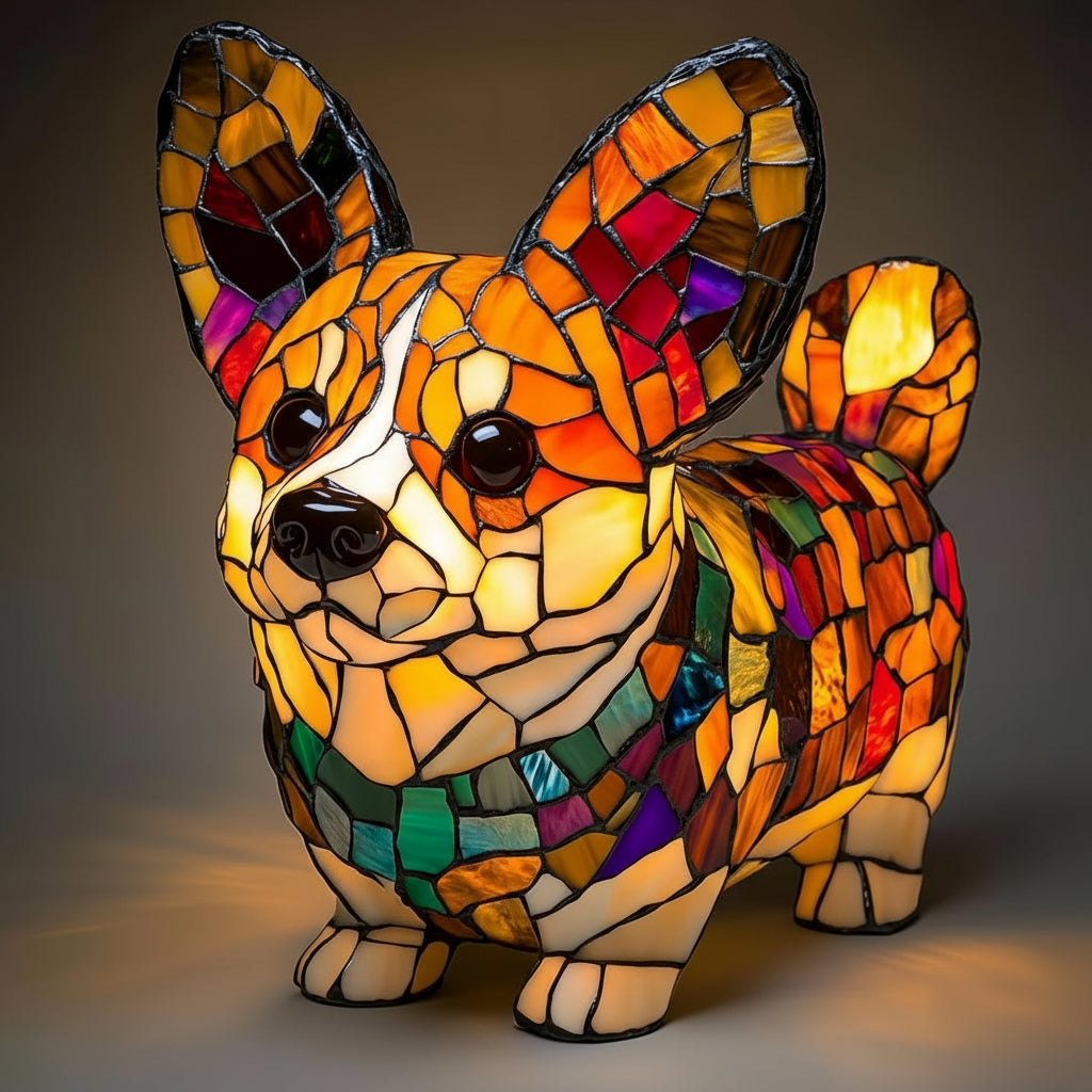 Lámpara de mesa y luz nocturna con figura de perro de resina y vidrio emplomado