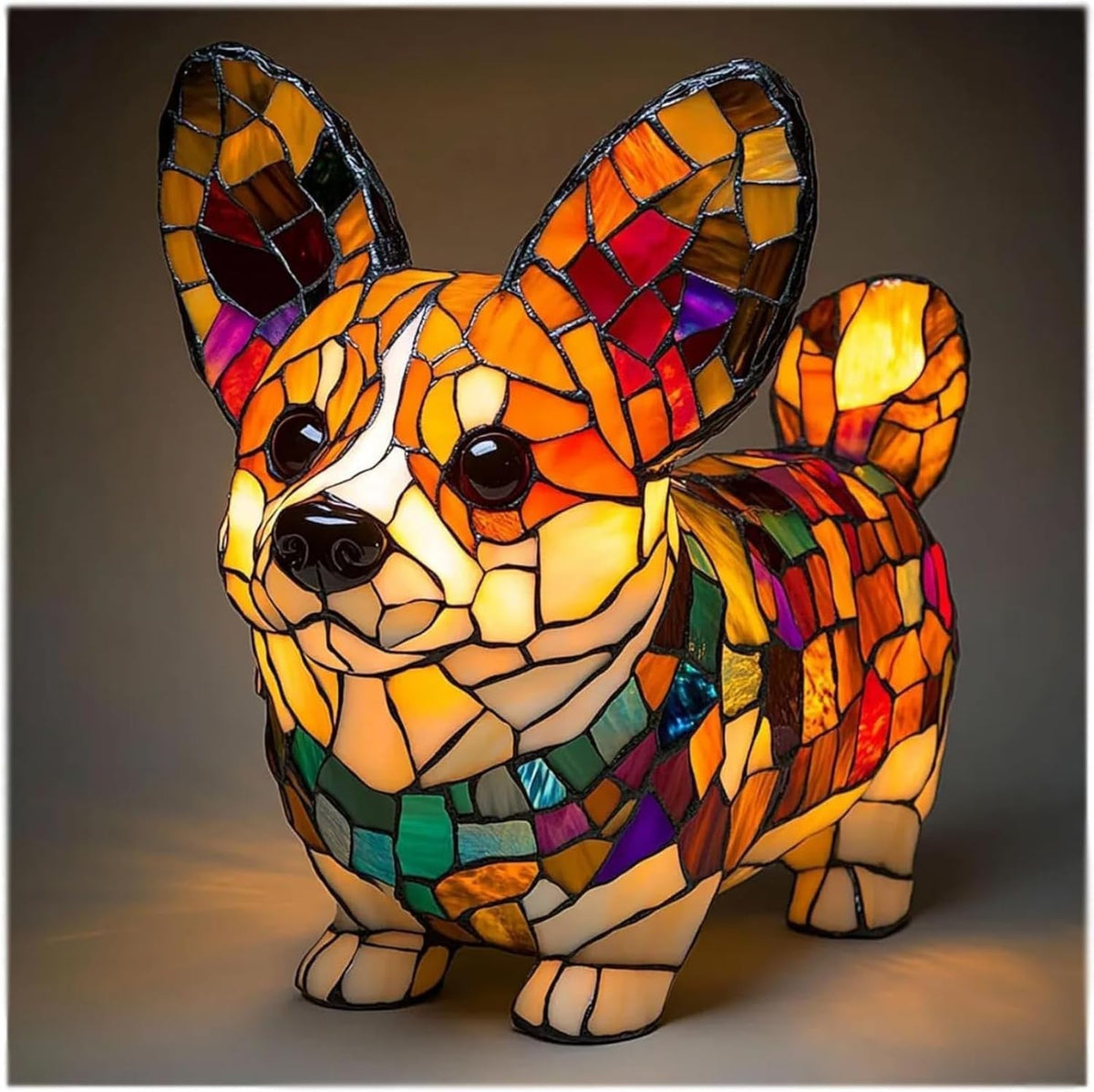 Lámpara de mesa decorativa con figura escultórica de perro de resina y vidrio emplomado