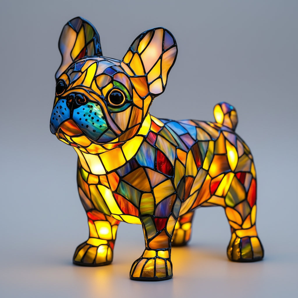 Lámpara de mesa y luz nocturna con figura de perro de resina y vidrio emplomado