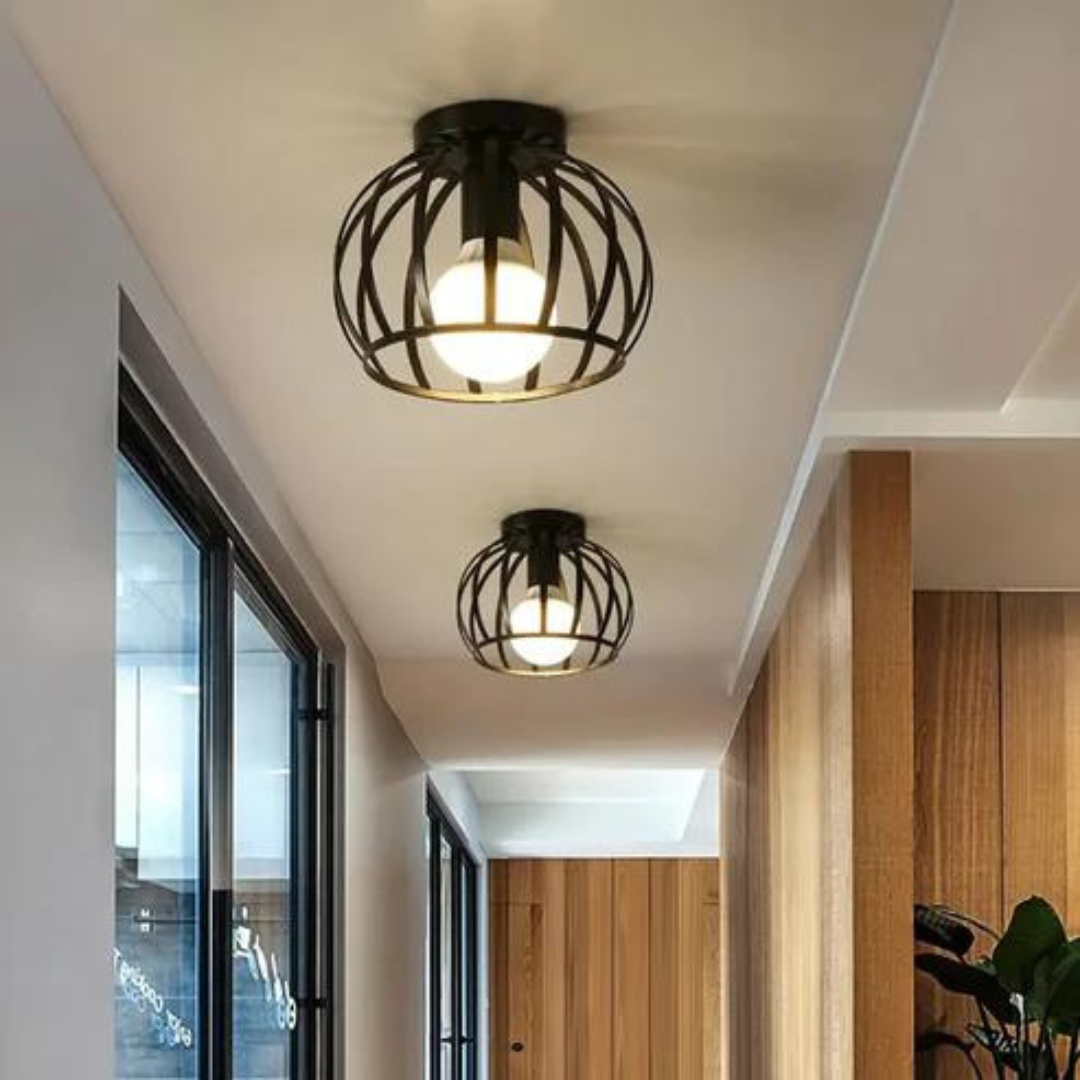 Lámpara colgante industrial esférica con jaula abierta de metal