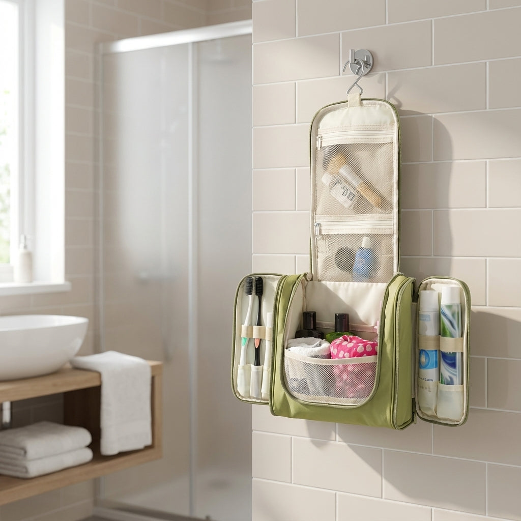 Neceser plegable repelente al agua, con varios compartimentos y gancho para colgar