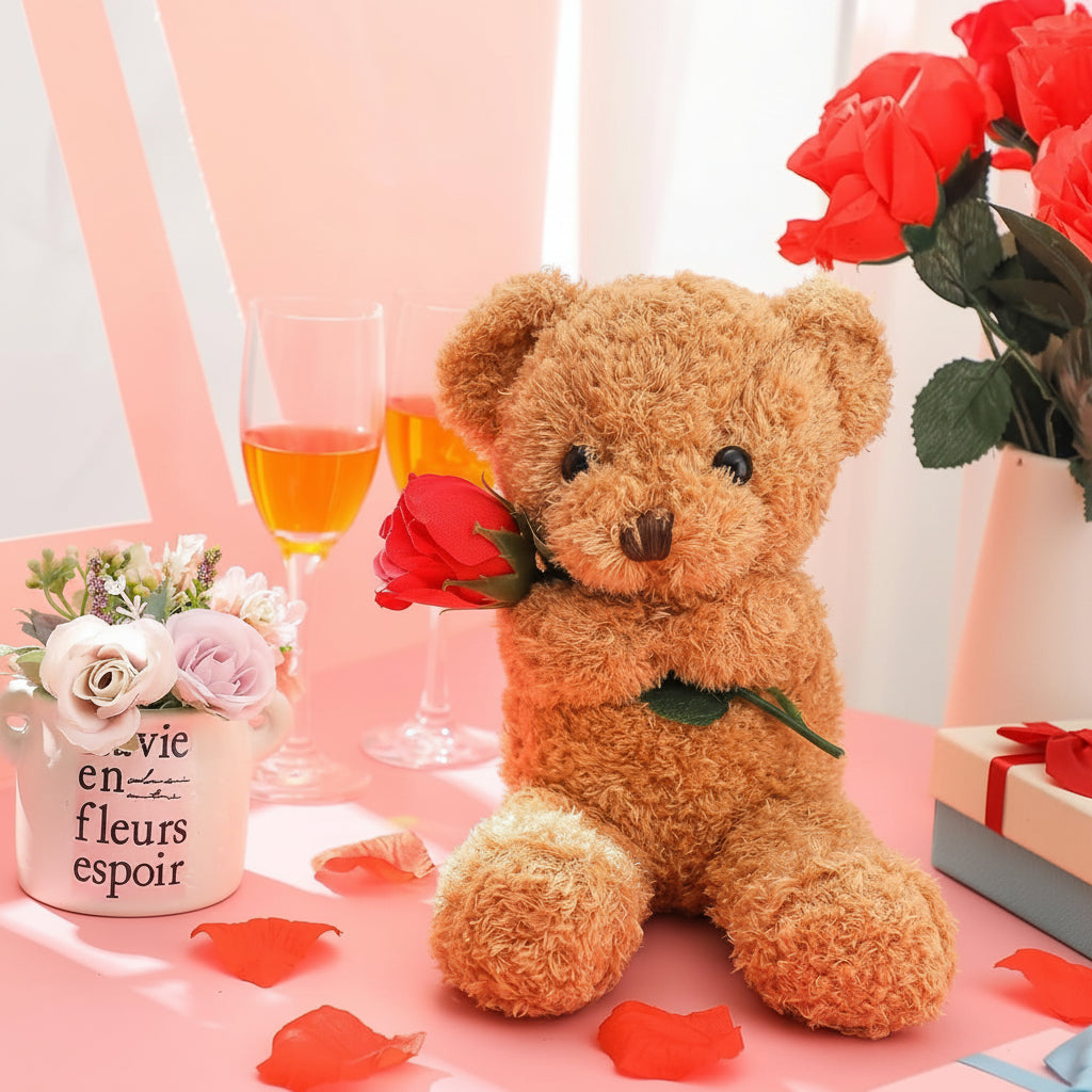 Juguete de peluche y animal de felpa de oso de peluche abrazable sosteniendo una rosa, ideal para regalar