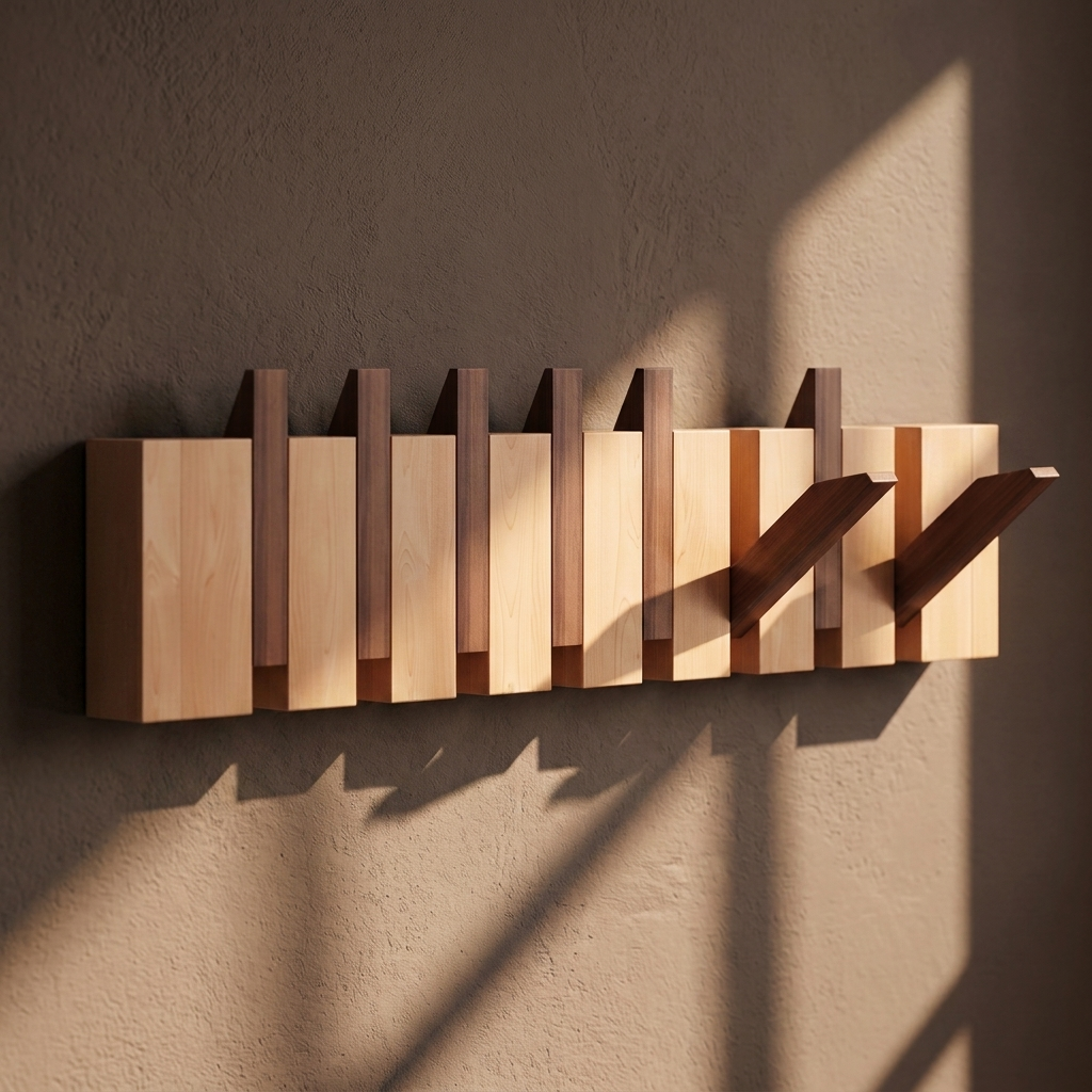 Perchero de pared plegable con ganchos y veta de madera en paneles