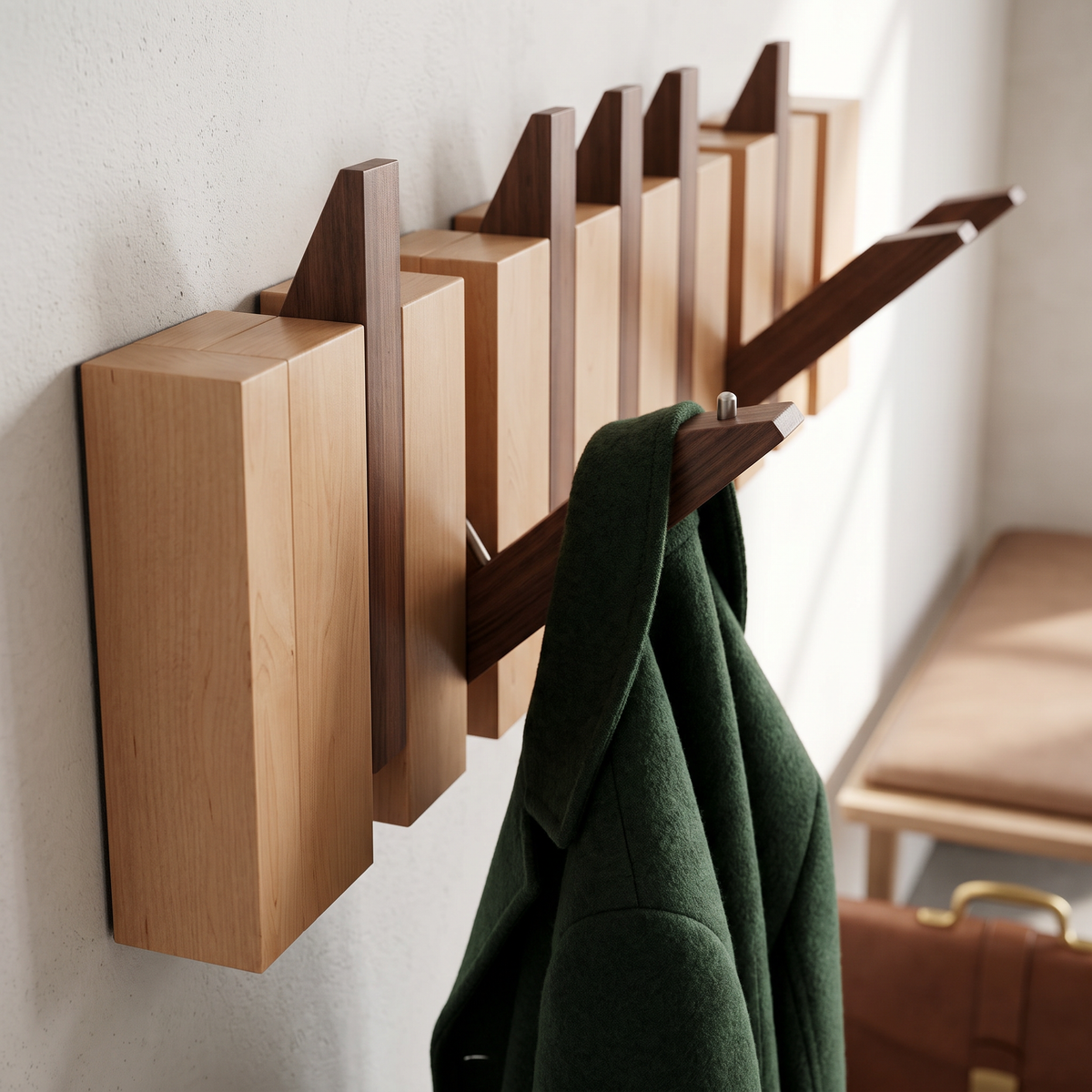 Perchero de pared plegable con ganchos y veta de madera en paneles