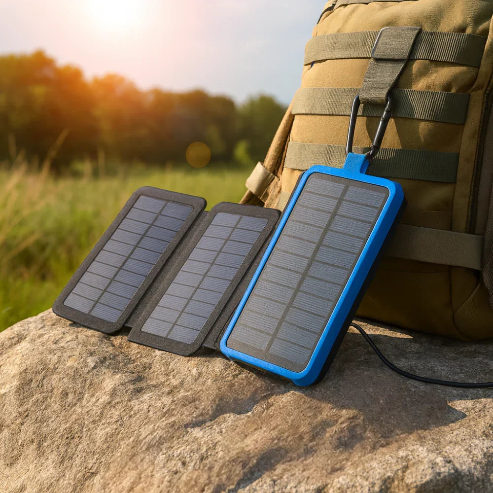 Cargador de batería externa solar portátil y resistente para exteriores, con panel plegable