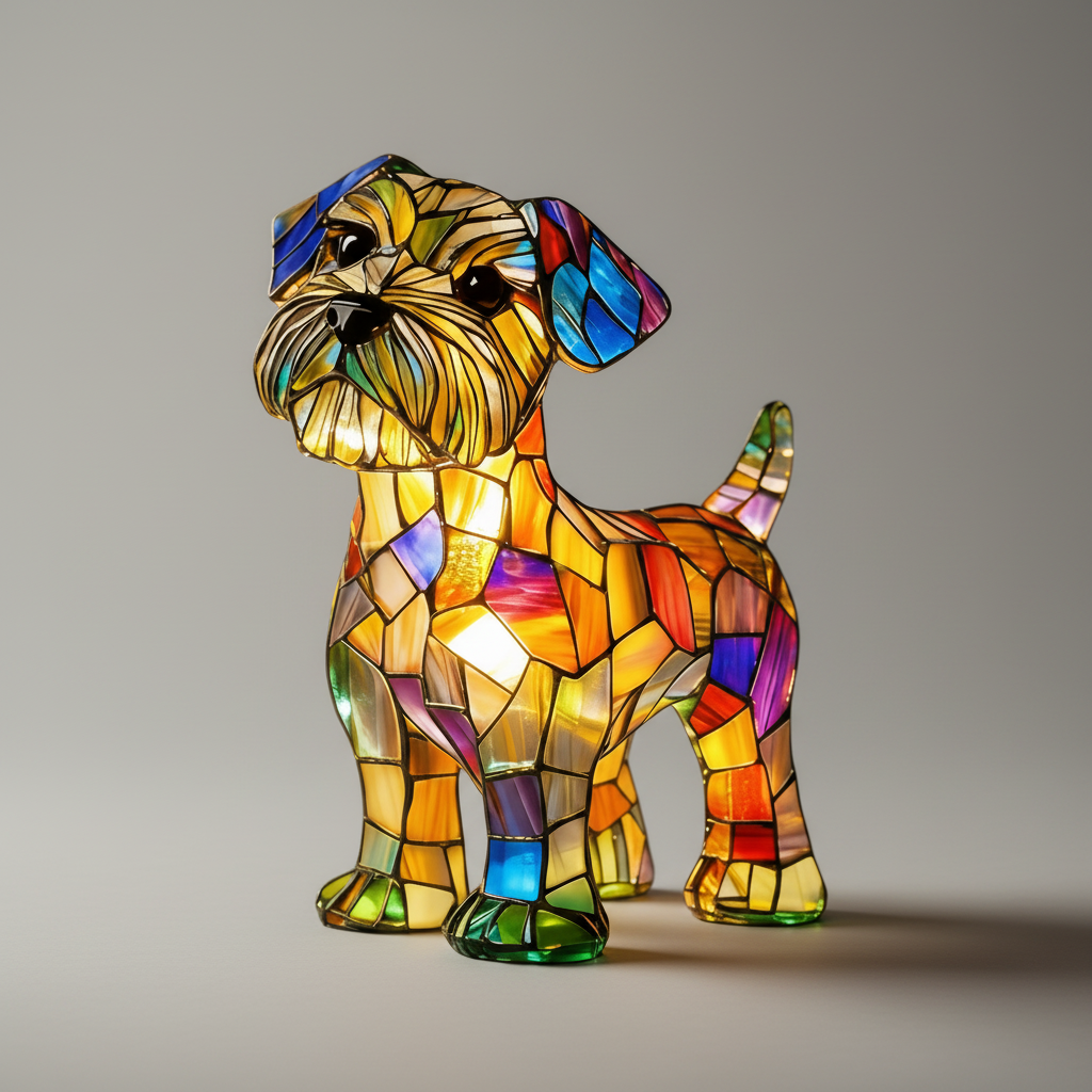 Lámpara de mesa y luz nocturna con figura de perro de resina y vidrio emplomado