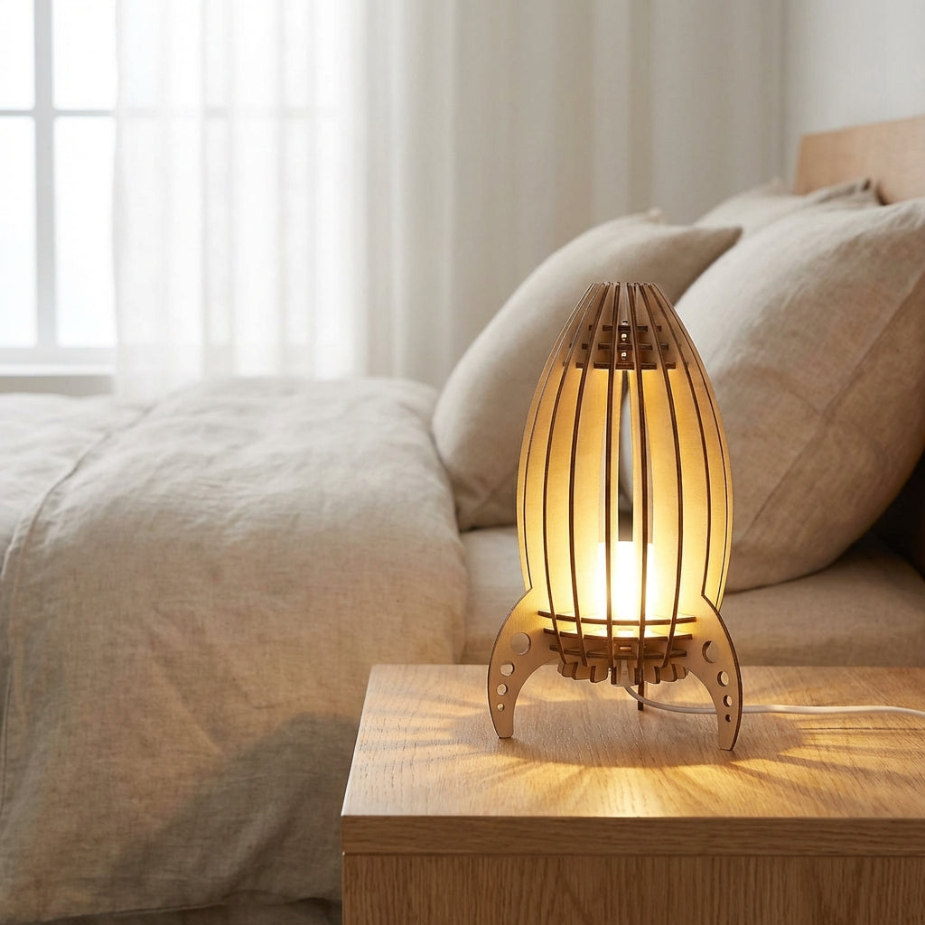 Lámpara de mesa de madera de haya con listones y silueta de cohete original