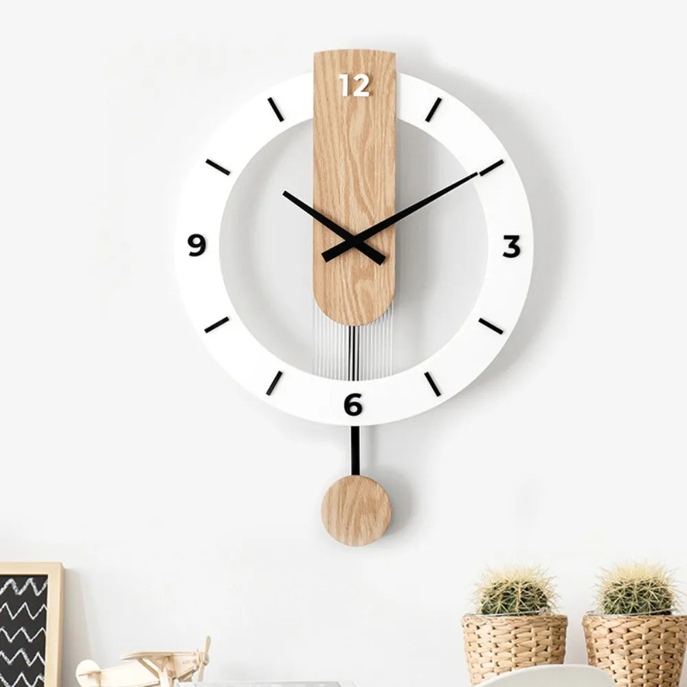 Reloj de pared de péndulo de madera y acrílico con marco abierto minimalista