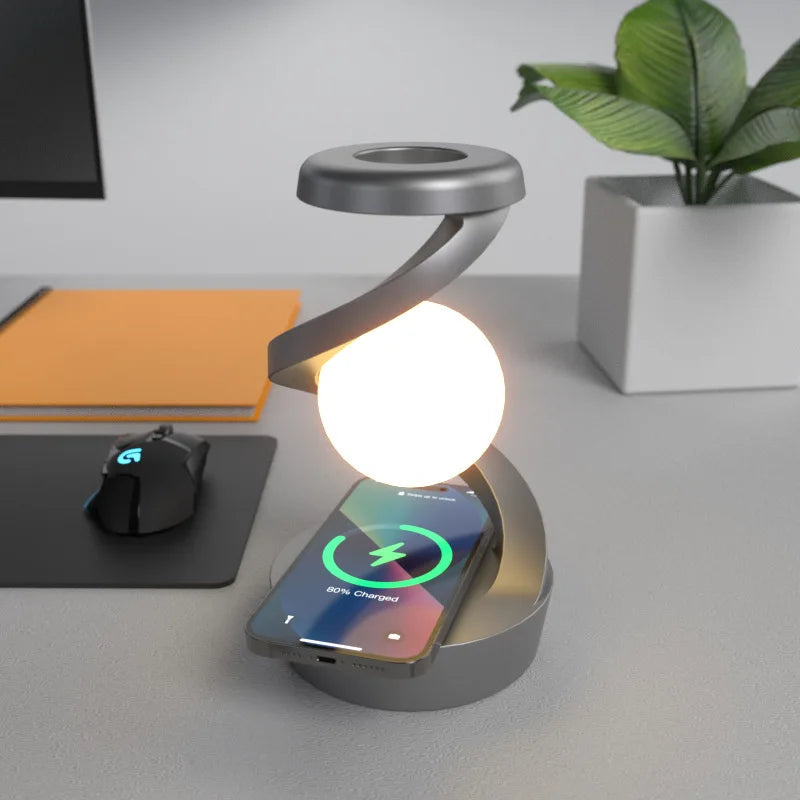 Lámpara de mesa esférica con brazo espiral, control por gestos y carga inalámbrica