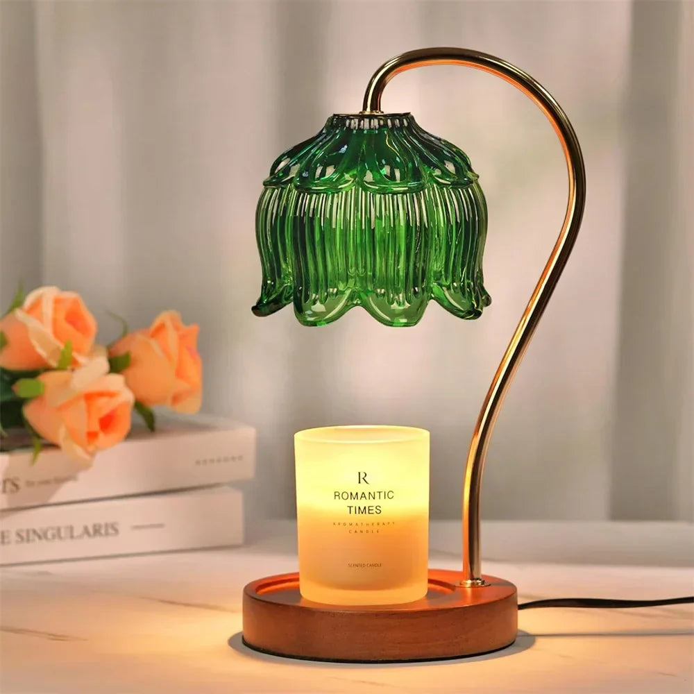 Lámpara de mesa calentadora de velas con pantalla de vidrio de pétalos retro y base de madera