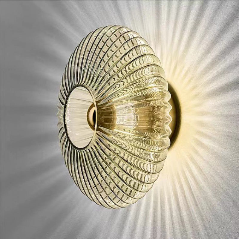 Aplique de pared vintage nórdico de disco de vidrio estriado y ondulado
