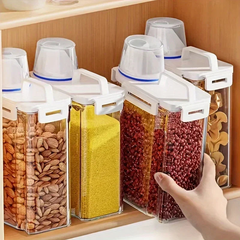 Recipiente transparente hermético y portátil para almacenar cereales en la cocina, con taza medidora