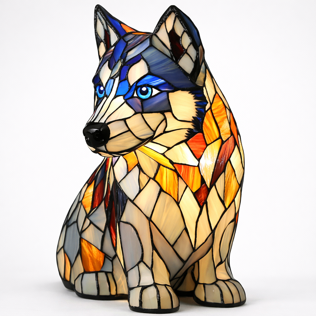 Lámpara de mesa con diseño de perro en vidrio emplomado tipo mosaico